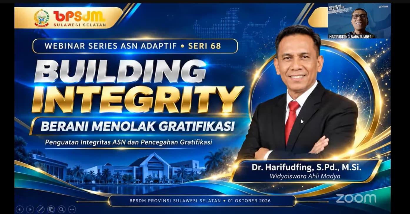 3.200 Peserta Ikuti Webinar BPSDM Sulsel, ASN Diingatkan Berani Tolak Gratifikasi